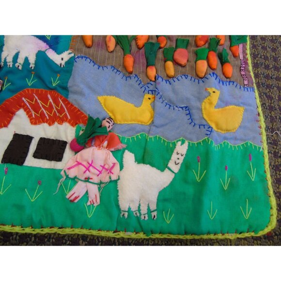 '71 Peruvian Mercado Market Tapestry Handcraft Appliqué Folk Art Peru Arpillera - Picture 8 of 10